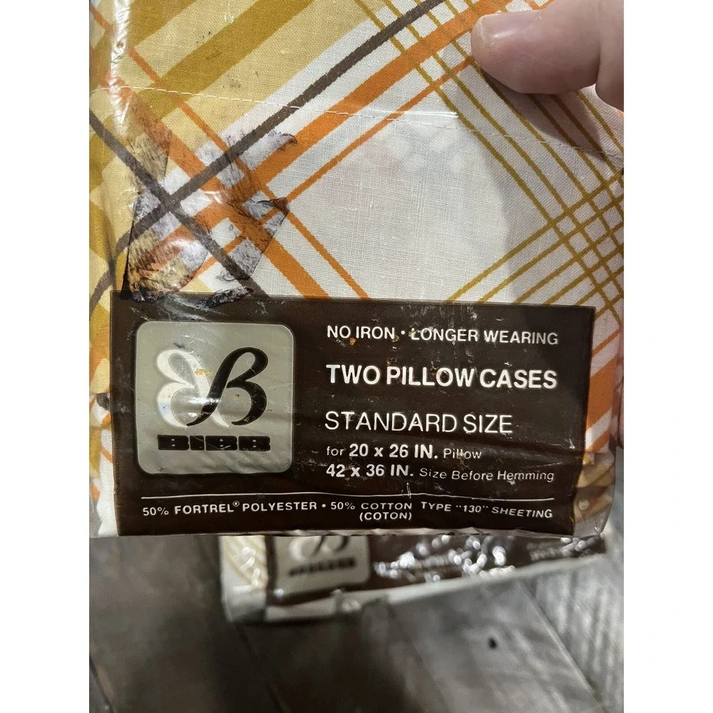 Vintage Bibb Double Flat Sheet 2 Pillow Cases Brown Gold Orange Geo Line MCM NOS